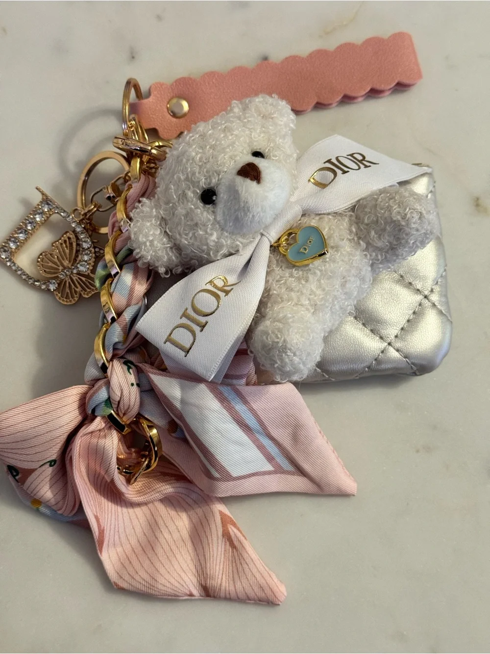 Fashion Bear Keychain Wristlet w/AUTHENTIC  DIOR Zip Pull, Ribbon, Dusty